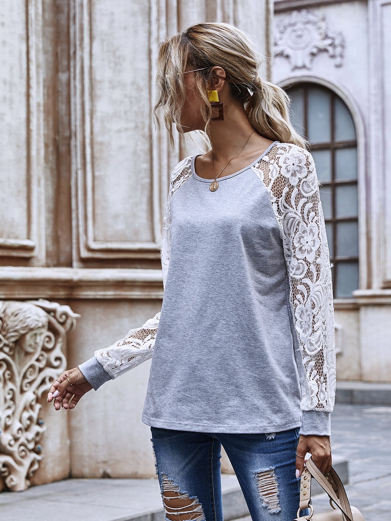 Long White Lace Sleeve Round Neck Top