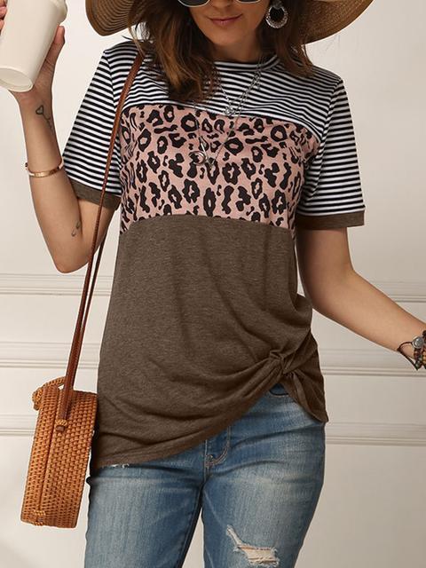 Striped Leopard Print Short Sleeve Tops