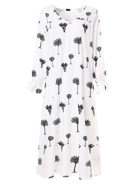 Plant Print Mid Sleeved Maxi Dress