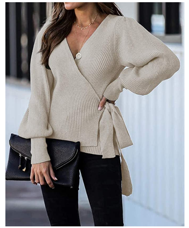 Tie Ribbed Batwing V neck Wrap Knit Sweater Tops
