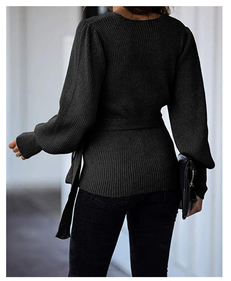 Tie Ribbed Batwing V neck Wrap Knit Sweater Tops
