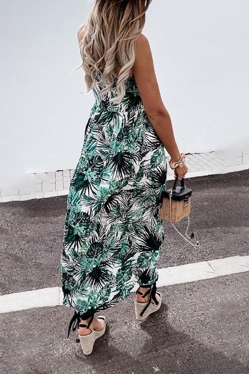Summer Leaf Print Suspender Maxi Dress
