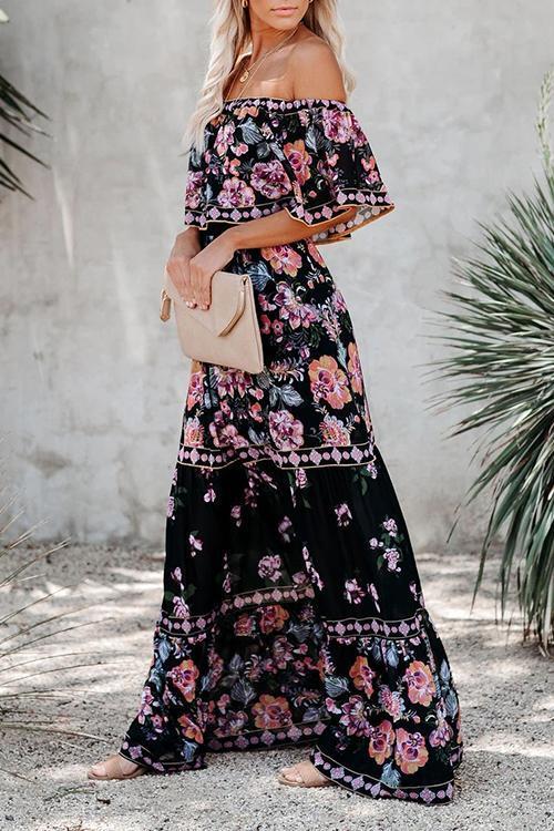 One-Shoulder Ruffled Flower Print Maxi Dress