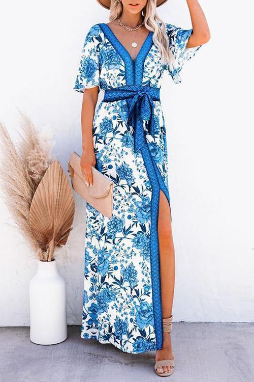 Floral Slit Lace-Up Maxi Dress