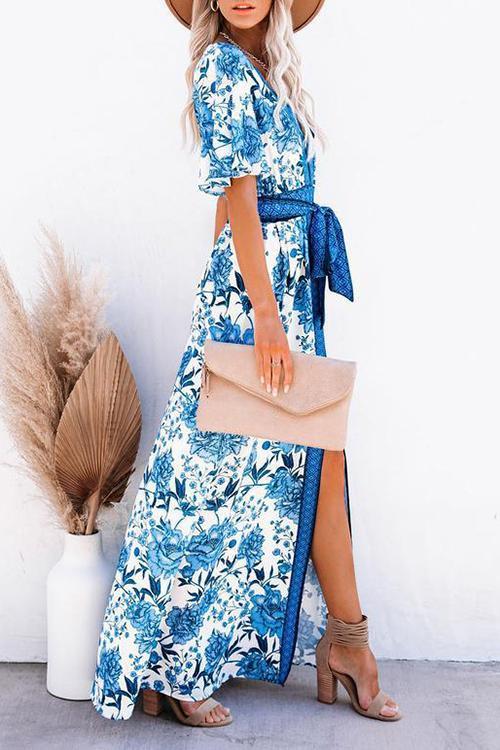Floral Slit Lace-Up Maxi Dress