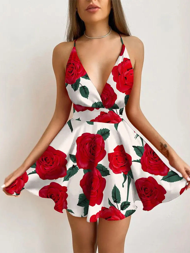 Women's Dresses Sling V-Neck Print Sleeveless Mini Dress