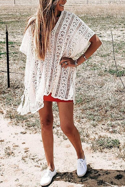 Loose Hollow Half Sleeve V Neck Cover-Up