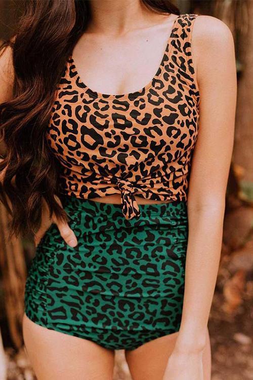 Leopard Color Block High Waist Bikini Set