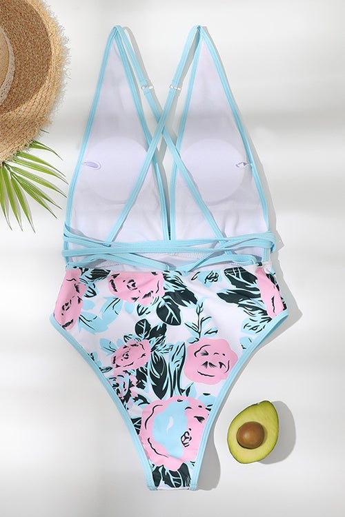 Floral Halter Neck Backless One Piece Swimwear