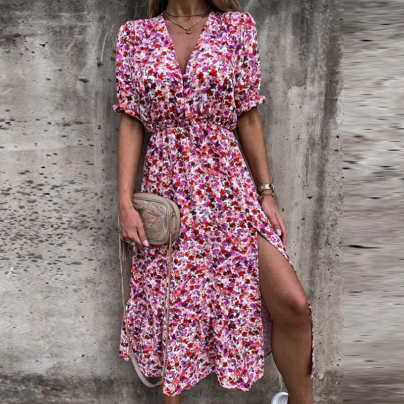 Casual Side Split Big Hem Floral Print Maxi Dress