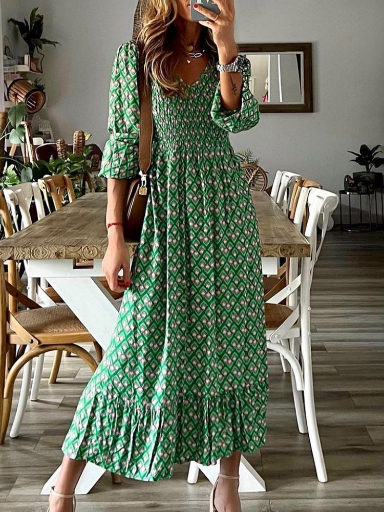 Fashion Chic V Neck Loose Floral Printed Maxi Dress