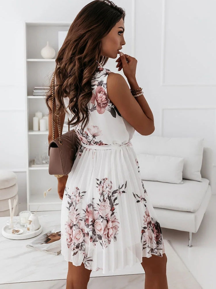 Fashion Lace Waist Floral Pleated Sleeveless Dress