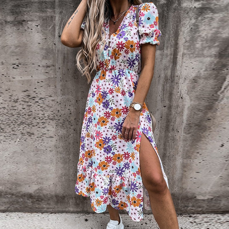 Casual Side Split Big Hem Floral Print Maxi Dress