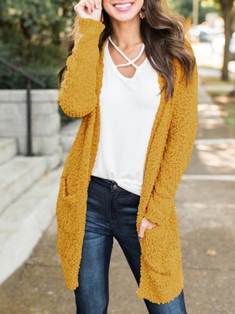 Solid Color Plush Sweater Coat With Pockets