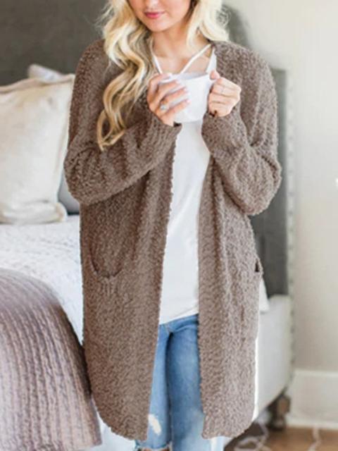 Solid Color Plush Sweater Coat With Pockets