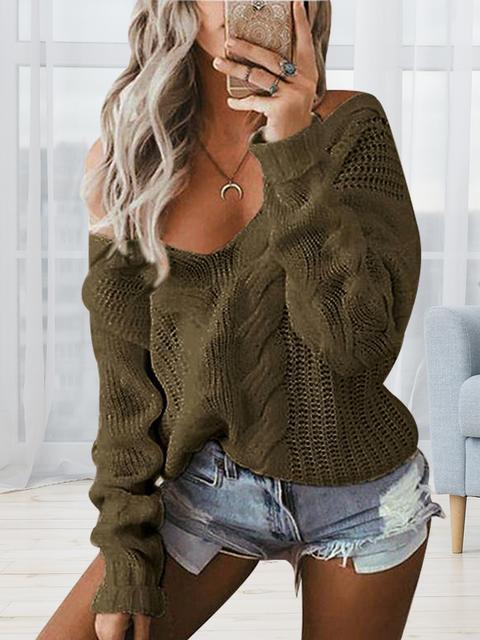 Solid Color V-neck Twist Pullover Sweater