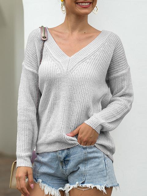 Solid V-neck Knitted Lightweight Sweater