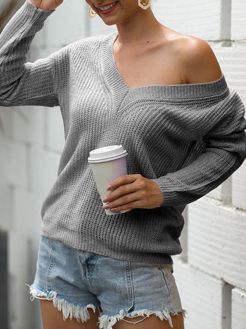 Solid V-neck Knitted Lightweight Sweater