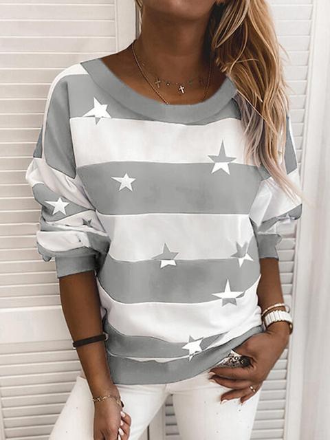 Star Color Block Casual Round Neckline Sweatshirts