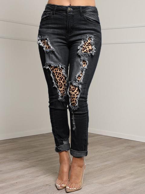 Stitched Leopard Slim Hole Jeans