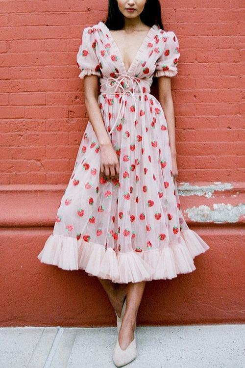 Sequin Strawberry Short Sleeve Ruffles Midi Dress