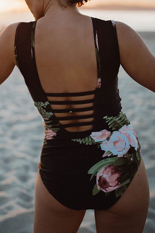 Floral Mesh Backless One Piece Swimwear