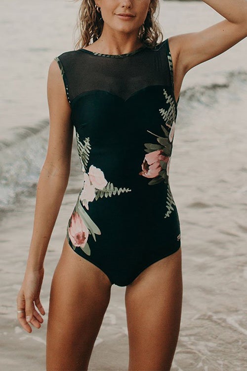 Floral Mesh Backless One Piece Swimwear