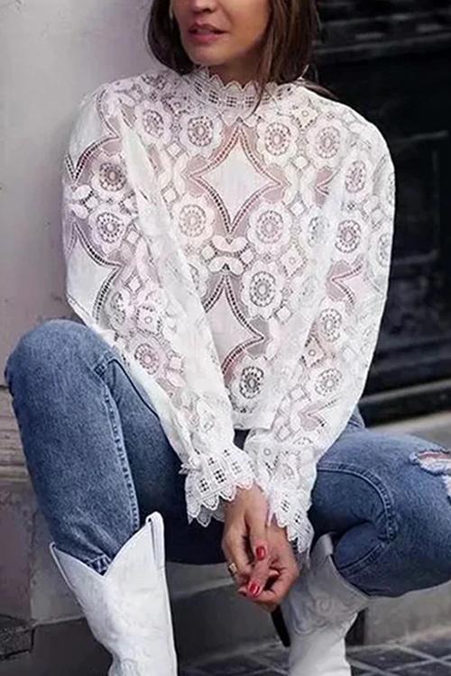 Lace Hollow Puff Sleeve T Shirt