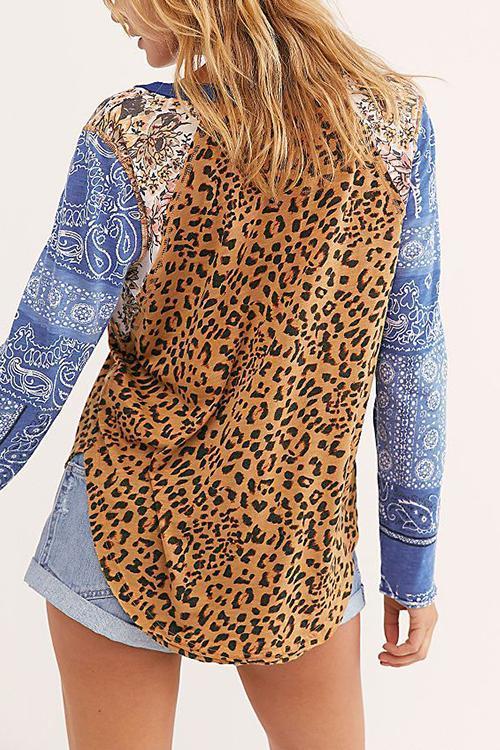 Leopard Patchwork V Neck Long Sleeve T Shirt