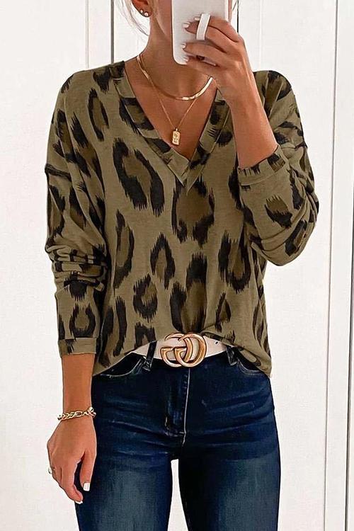 Leopard V Neck Long Sleeve T Shirt