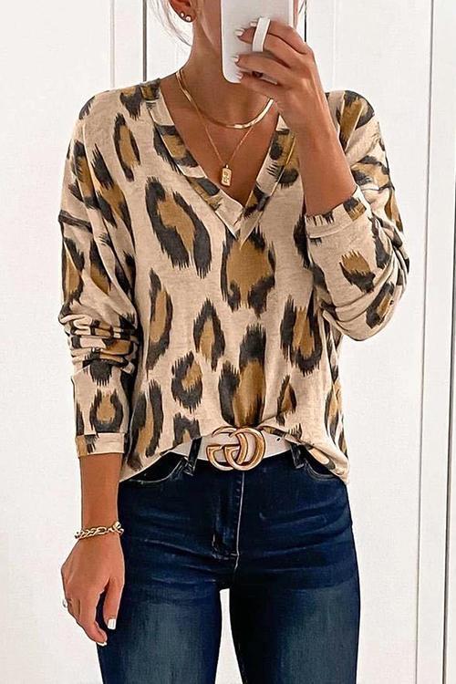Leopard V Neck Long Sleeve T Shirt