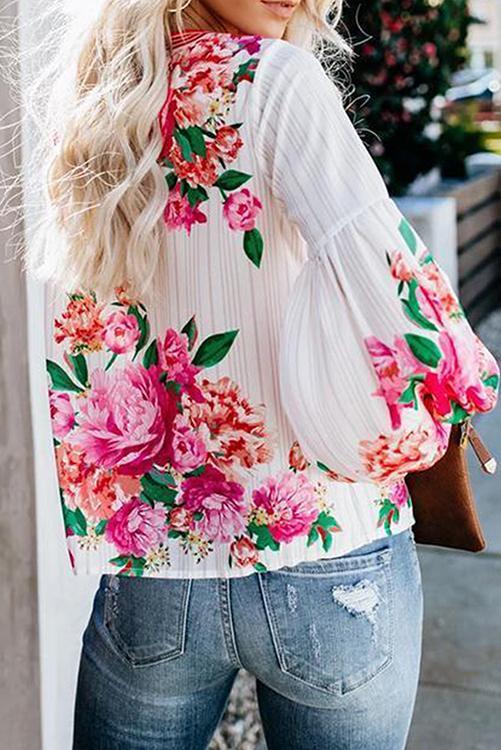 Floral Print Puff Long Sleeve Blouse
