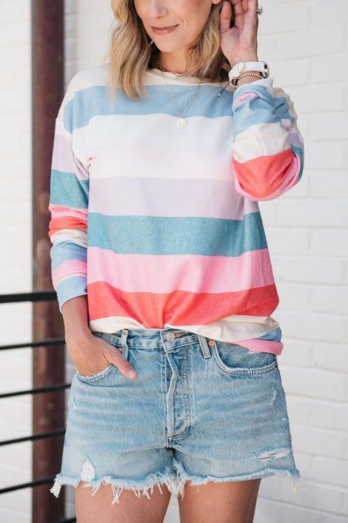 Rainbow Stripe O Neck Long Sleeve T Shirt