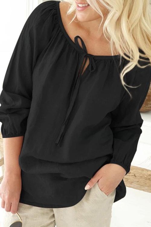 Boat Lace Up Neck Loose Blouse