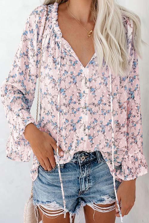 Floral Print Flares Sleeve Blouse
