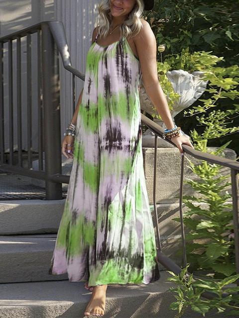 Tie Dye Printing Casual Maxi Suspender Dress
