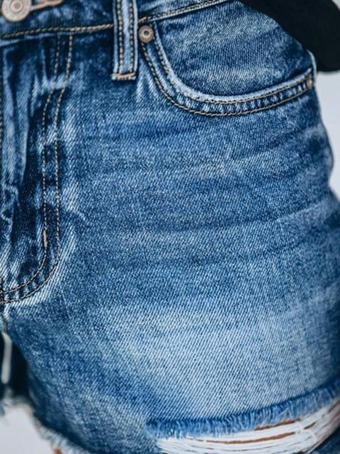 Washed High-waist Hole Denim Shorts