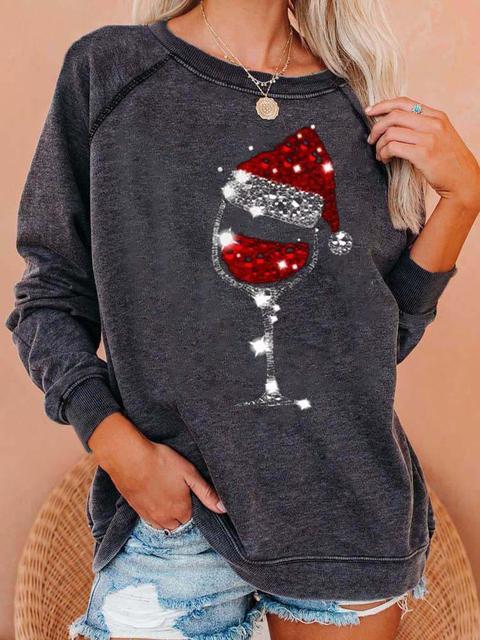 Wineglass Christmas Hat Print Pullover Top