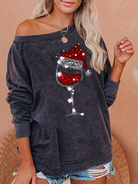Wineglass Christmas Hat Print Pullover Top