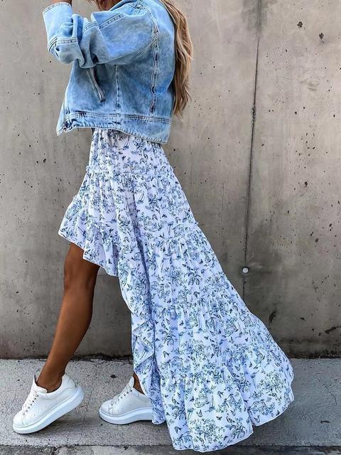 Casual Floral Print Asymmetrical Hem Skirt