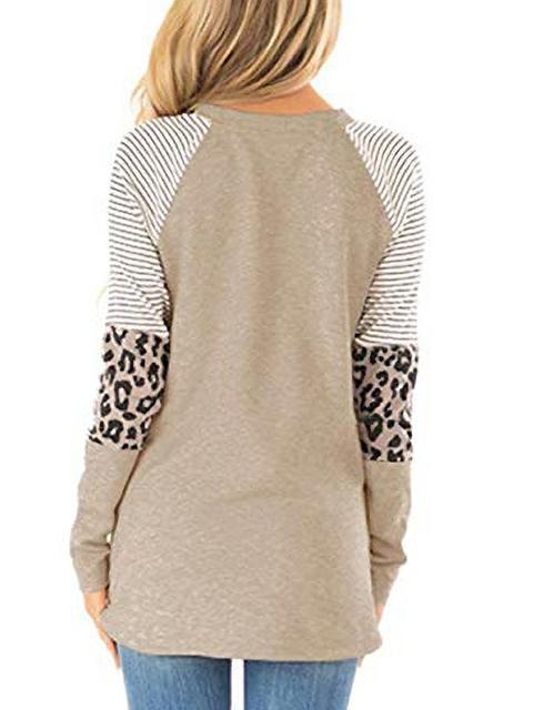 Long Sleeve Striped Leopard Stitching Tops