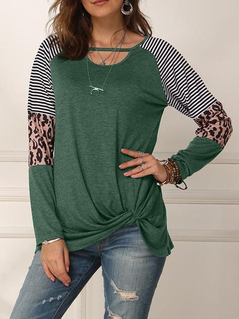 Leopard Print Striped Stitching Knoted T-shirt