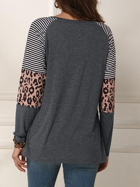 Leopard Print Striped Stitching Knoted T-shirt