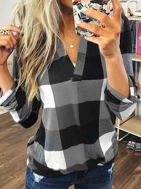 Plaid Tunic V Neck Casual Tops