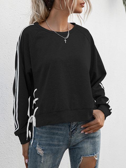 Solid Color Stripe Round Neck Loose Pullover