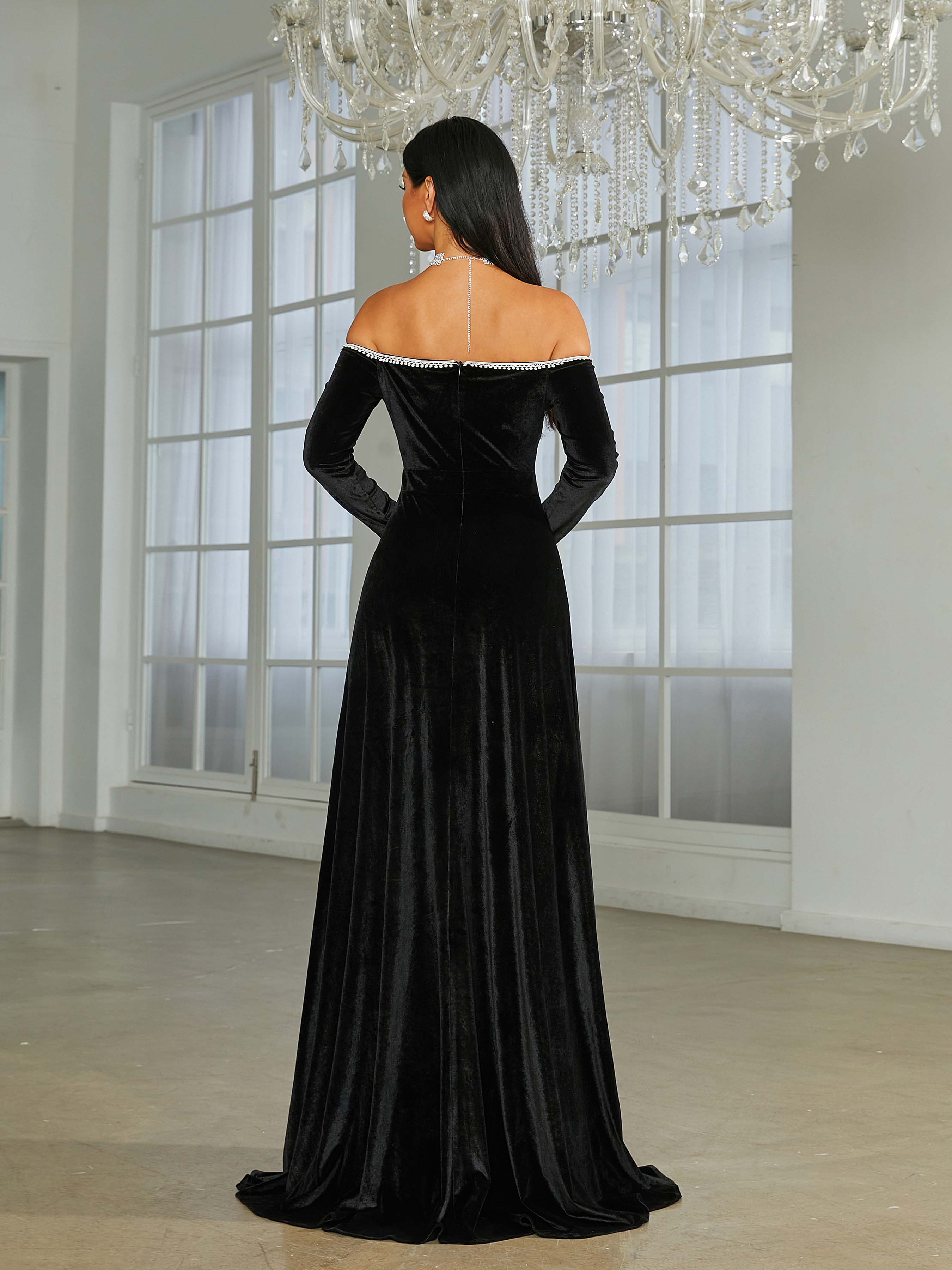 Off The Shoulder High Split Black Velvet Evening Dress XJ1946