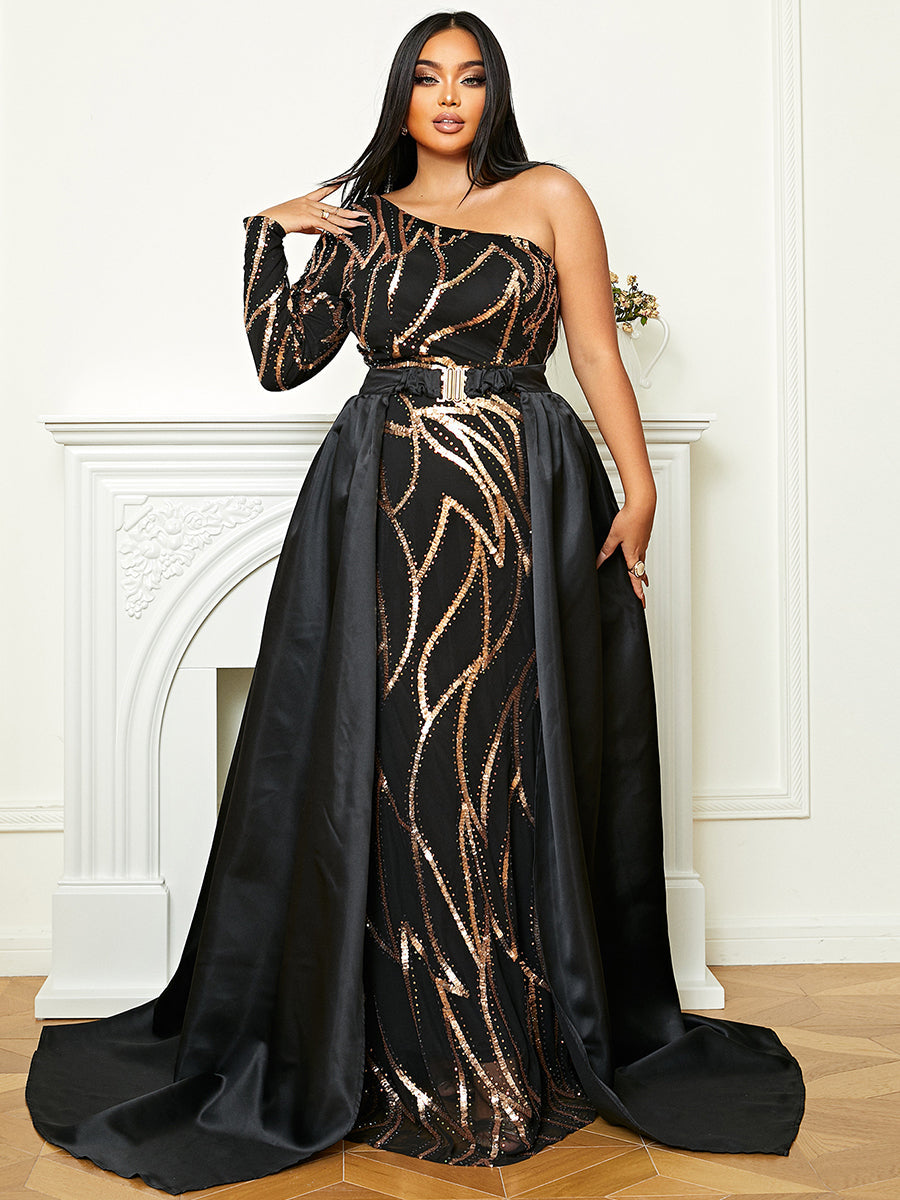 Plus Size One Shoulder Sequin Maxi Prom Dress PXH2172