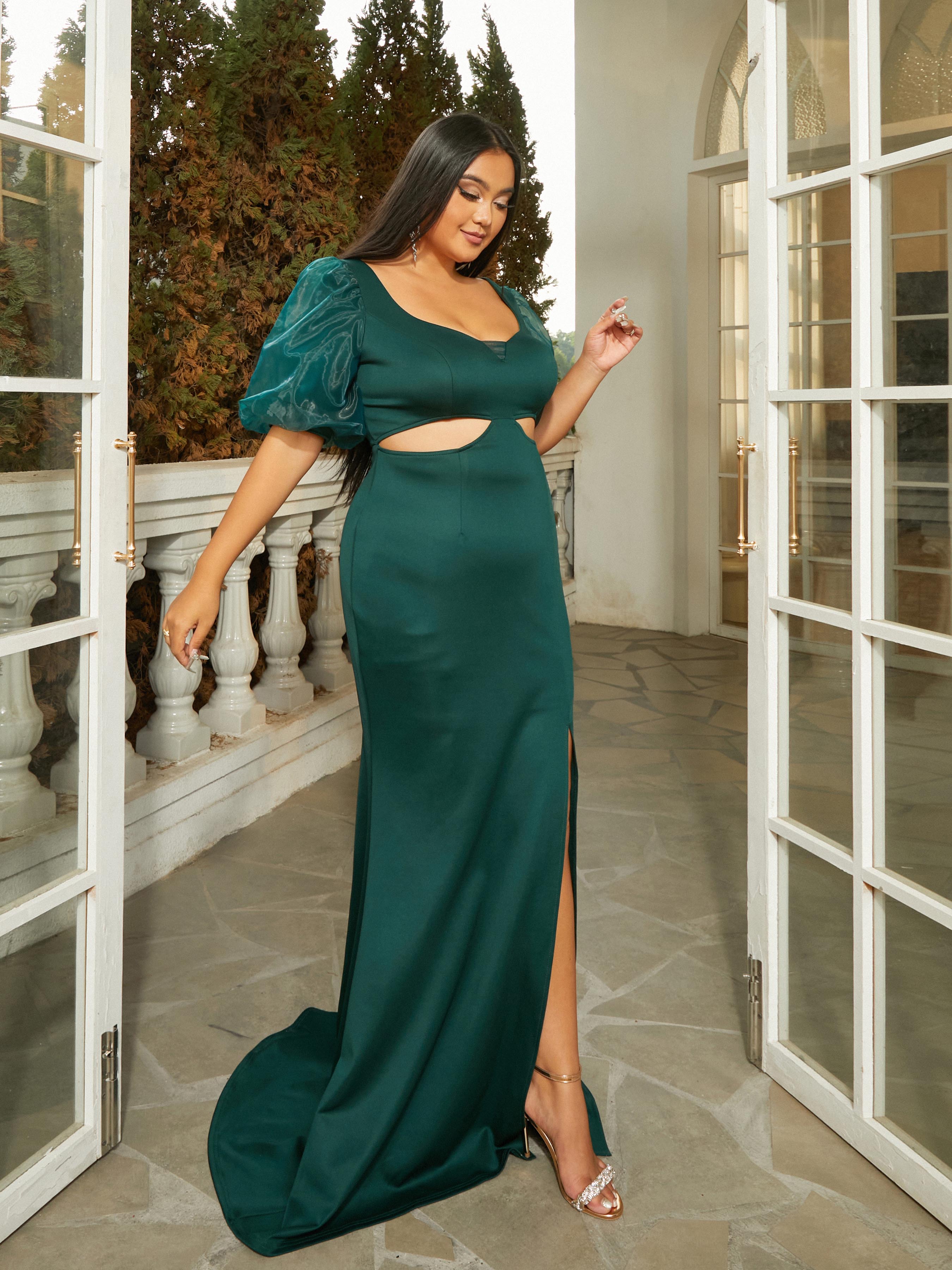 Plus Size Puff Sleeve Cut Out Knit Green Prom Dress PRM21123