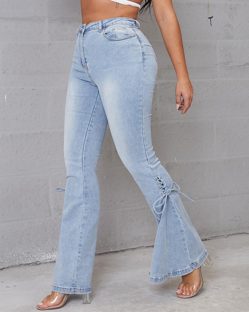 90s Vintage Lace Up Side Pleated Flare Jeans