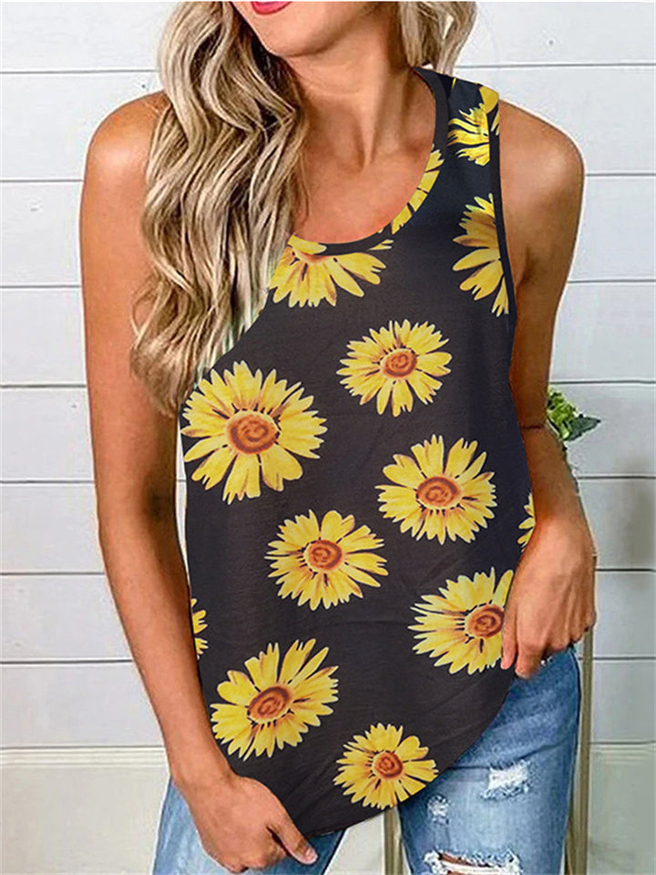 Summer New Tank Top T-shirt Female U-neck Leopard Sunflower Print Backless Hollow Casual Sleeveless Temperament Elegant Tops Female